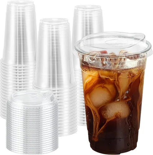 Vista 10 de BYSNOW Paquete de 100 vasos de plástico transparente de 16 onzas con tapas, tazas desechables para café helado con tapas para sorber, vasos