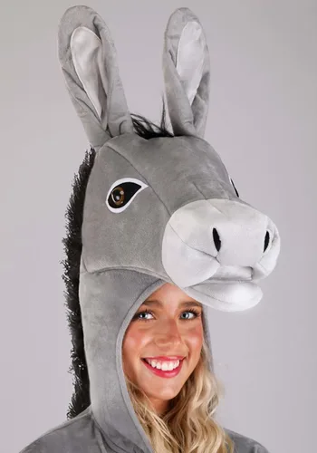 Vista 4 de Disfraz de burro con capucha para adultos, disfraz de animal gris para Halloween