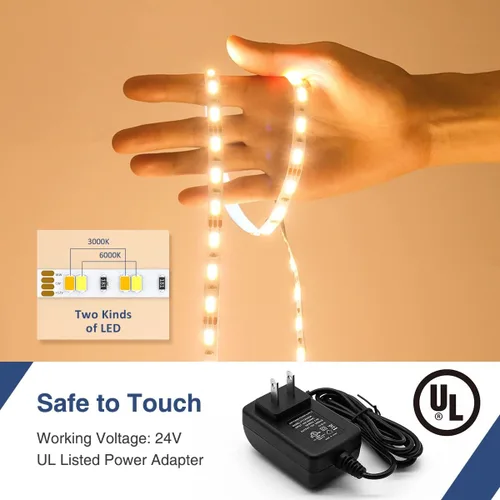 Vista 4 de Tira de luces LED blancas de 82 pies, 24 V, regulable, 3000 K-6000 K, cinta LED con control remoto, cinta LED flexible 2835 para cocina, debajo