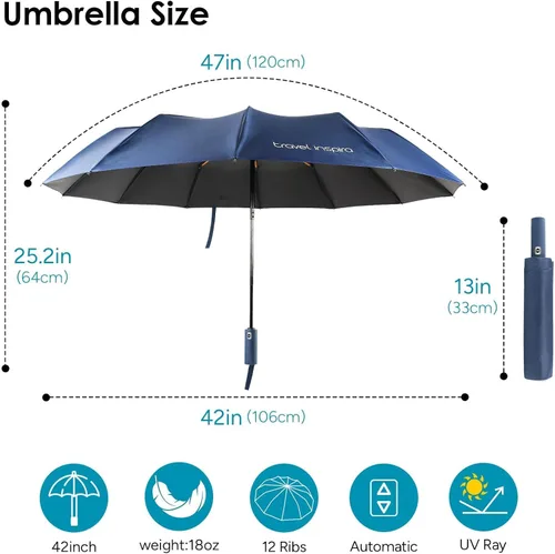 Vista 2 de travel inspira Reverse Umbrella Automatic OpenClose, Inverted Folding Umbrella with Reflective Stripes UPF 50+ 99% UV Protection Compact Heavy-Duty