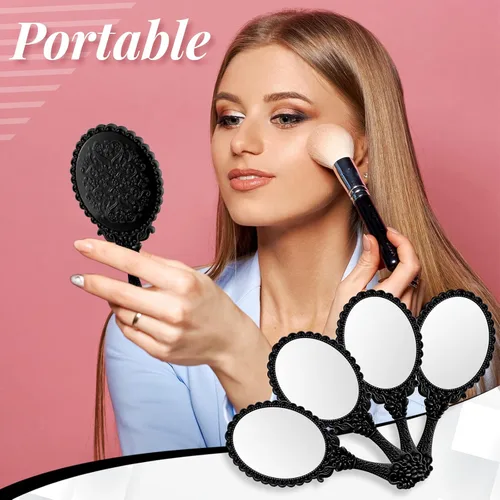 Vista 6 de Namalu 40 piezas de espejo de mano vintage pequeño en relieve, portátil, lindo espejo compacto con asa para mujeres, regalos de fiesta de San Negro