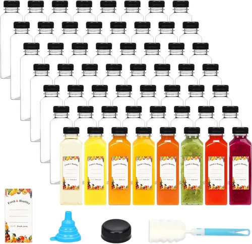 Vista 8 de Moretoes 56 botellas de plástico de 8 onzas con tapas, botellas reutilizables de plástico transparente para jugo, recipientes de jugo con tapas