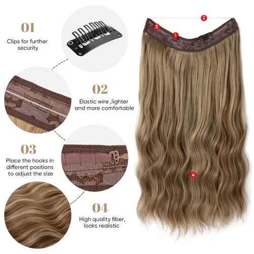 Vista 7 de SARLA Extensión de Cabello con Alambre Invisible con 3 Clips Pieza de Cabello Sintética Corta de Ondas de Playa Diadema Transparente Ajustable