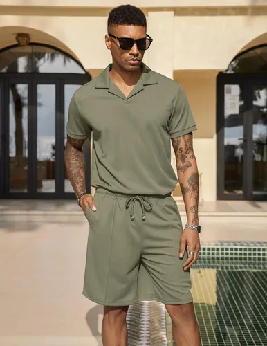 Vista 4 de COOFANDY Conjunto de camisa polo y pantalones cortos para hombre, trajes de verano de 2 piezas, pantalones cortos, trajes de moda casuales de manga