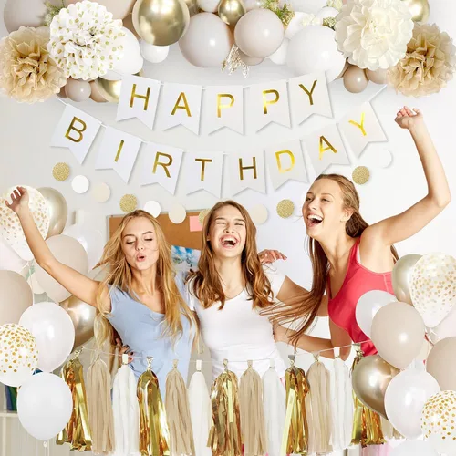 Vista 6 de Decoraciones de Fiesta de Cumpleaños Blancas y Doradas Mejoradas para Niñas, Mujeres y Hombres con Banda de Feliz Cumpleaños, Pancarta, Pompones