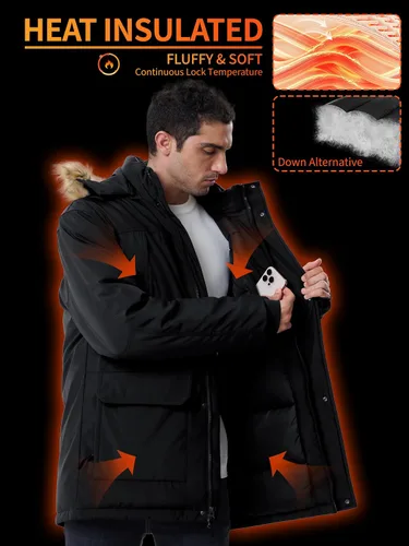 Vista 4 de Abrigos de invierno para hombre, chaquetas de invierno, impermeables, gruesas, cálidas, aisladas, parka, larga, con capucha