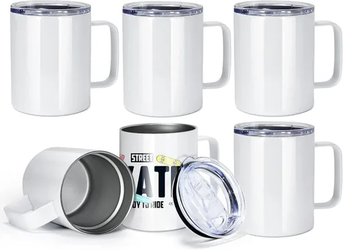 Vista 9 de AGH Taza de café de sublimación de 12 onzas con asa, paquete de 25 vasos de sublimación de acero inoxidable con asa, taza aislada al vacío con tapas