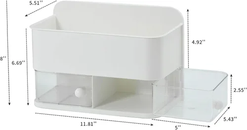 Vista 2 de Organizador de pared para baño, organizador de ducha de plástico 2 en 1 y soporte para Qtip, estante de almacenamiento adhesivo grande con cajón