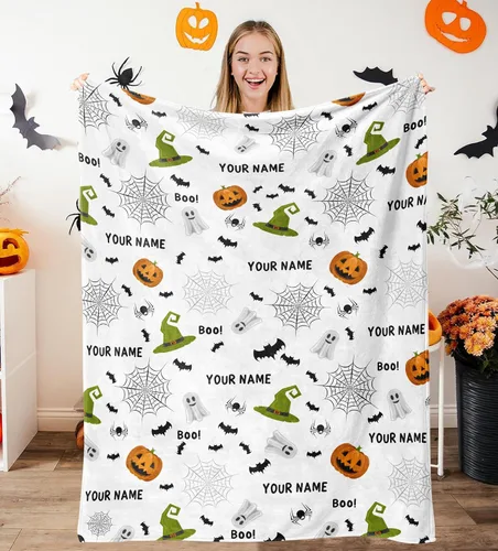 Vista 10 de Manta de Halloween personalizada con nombre, mantas de Halloween personalizadas para niños, Halloween personalizada para niños y niñas, bonita manta