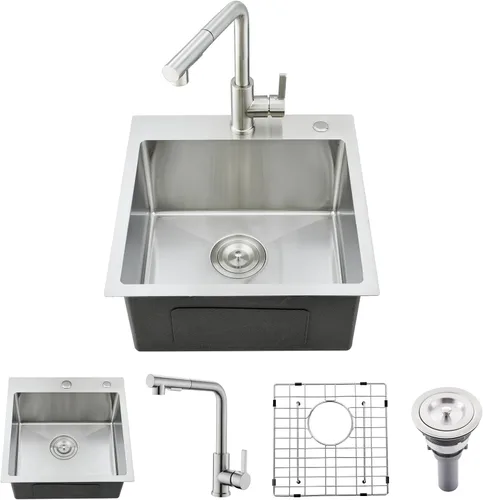 Vista 14 de Fregadero de barra empotrable de 15 pulgadas con combo de grifo Acero inoxidable dorado, tazón individual de montaje superior, diseño moderno