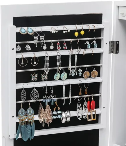 Vista 5 de Armario de joyería con espejo de longitud completa, estante de 4 capas, organizador de joyas montado en la pared con 8 luces LED, armario de joyería