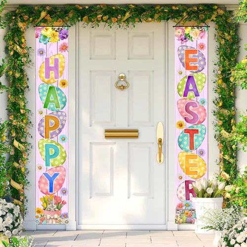 Vista 2 de Cartel de Pascua para porche, conejo, huevo, conejo, margarita, fiesta, puerta delantera, letrero para colgar en la pared, decoración de primavera