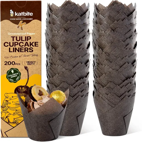 Vista 15 de Forros para magdalenas de tulipán Katbite 200 unidades, tazas para hornear magdalenas ProSmooth color marrón