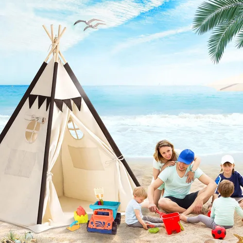 Vista 7 de Lavievert Tienda de campaña de lona natural para niños, tienda de campaña portátil para niños pequeños con tapete inferior para niños y niñas