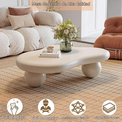 Vista 7 de Mesa de café en forma de nube blanca crema Mesa de café irregular Mesa de centro irregular de madera moderna y bonita con 3 patas esféricas