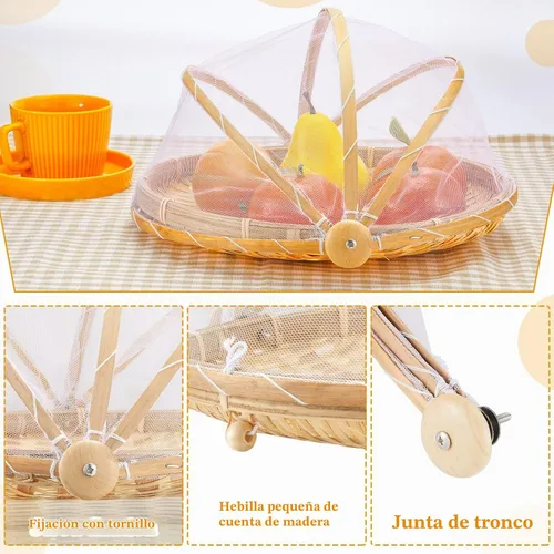 Vista 3 de Patelai 2 piezas cubiertas de bambú para servir alimentos para tienda de campaña al aire libre con cesta de almacenamiento de pan de gasa, cuenco
