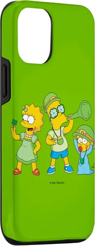 Vista 3 de Funda verde para iPhone 15 The Simpsons Lisa Bart Maggie Día de San Patricio
