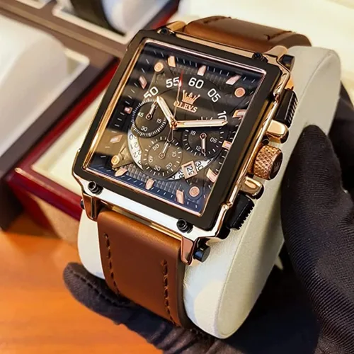 Vista 3 de OLEVS Reloj analógico de cuarzo para hombre, correa de cuero, reloj de cuarzo analógico, a la moda, esfera grande, impermeable, vestido luminoso