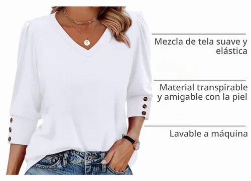 Vista 4 de XIEERDUO - Blusas de manga 3/4 para mujer, cuello en V, con botones, estilo A-blanco