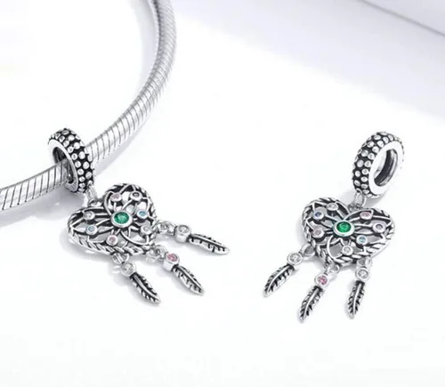 Vista 4 de Abalorio de atrapasueños de plata de ley 925 con cuentas de plumas y flores para mujer (atrapasueños de amor), Plata esterlina