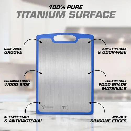 Vista 2 de Tablas de cortar de titanio para cocina, tabla de cortar de doble cara con superficie de titanio puro y madera, tabla de cortar duradera, fácil