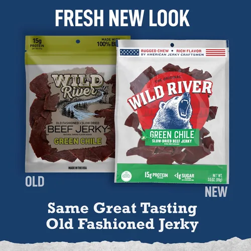 Vista 5 de Wild River Green Chile Beef Jerky – Paquete de 4 bolsas de 3.5 onzas – Cecina antigua y de secado lento – Snacks de proteína de carne real listos