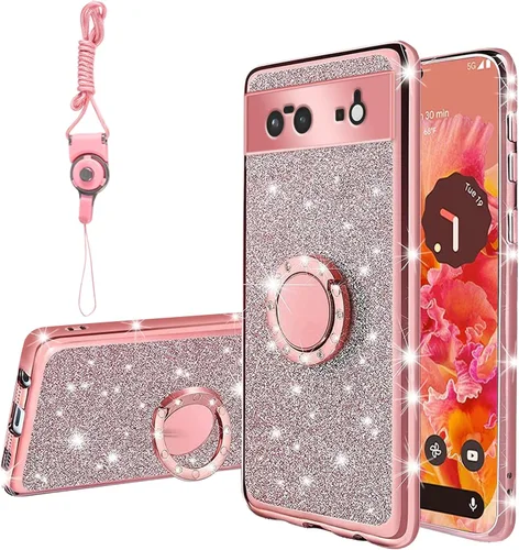 Vista 31 de Funda compatible con Google Pixel 6 Pro para mujer, con purpurina, suave, elegante, transparente, TPU de lujo, bonita funda protectora con correa
