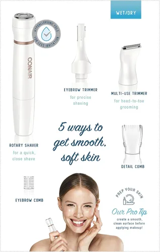 Vista 7 de Conair Depilación facial todo en 1 para mujeres, recortadora eléctrica inalámbrica, perfecta para cara, orejas/nariz, cejas y líneas de bikini