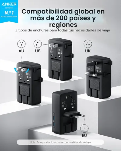 Vista 2 de Anker Adaptador de Viaje Nano, Adaptador de Corriente de 5 Puertos con 1 AC, 2 USB-A y 2 Puertos USB-C, Control Inteligente de Temperatura