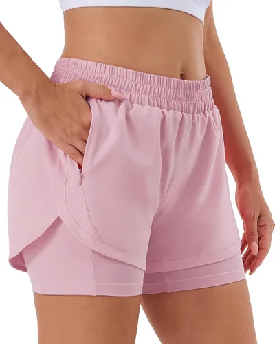 Vista 16 de Stelle Pantalones cortos de correr 2 en 1 para mujer, pantalones cortos deportivos de cintura alta, pantalones cortos de entrenamiento con forro