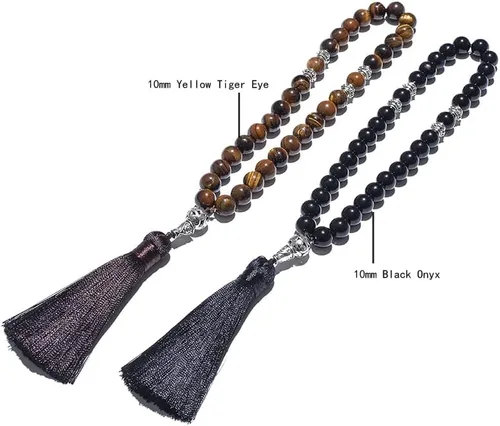Vista 5 de Pulsera de 33 cuentas de oración con 33 cuentas de oración para hombres y mujeres, color ónix negro y amarillo (ojo de tigre de 0.394in)