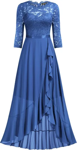 Vista 3 de Vestido largo de dama de honor con vuelos de encaje y cuello en V para mujer de MIUSOL