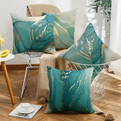 Vista 6 de wyooxoo Juego de 4 fundas de almohada de 20 x 20 pulgadas, fundas de almohada de lino con textura de mármol turquesa, fundas decorativas para sofá