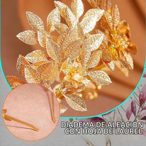 Vista 5 de Brishow Diadema de tiara de hoja dorada, corona de laurel griega con flores de perlas para mujer