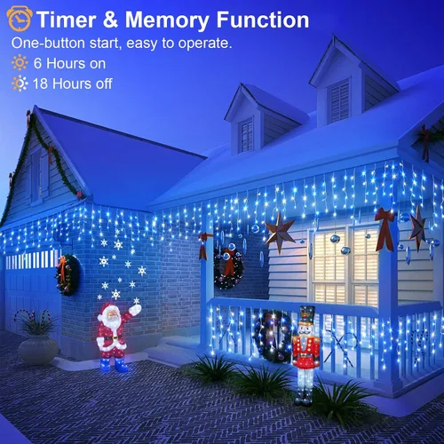 Vista 4 de Luces de Navidad de carámbano para exteriores, 66 pies, 640 luces LED de Navidad azules y blancas, 8 modos con 120 gotas, luz de carámbano