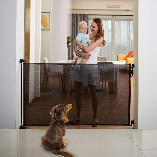 Vista 2 de EasyBaby Puertas retráctiles extra anchas para bebé, 33 pulgadas de alto, se extienden hasta 71 pulgadas de ancho, seguridad negra/niños, puertas