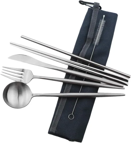 Vista 19 de Utensilios de viaje reutilizables, 7 piezas portátiles de acero inoxidable 304, incluyendo cuchillo, tenedor, cuchara, palillos, cepillo