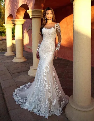 Vista 2 de Modest Mermaid Wedding Dresses 2024 Long Sleeve Lace Bridal Gowns with Long Train with Train