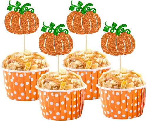 Vista 11 de 24 adornos para cupcakes de calabaza para niños o niñas con purpurina para revelación de género, decoración para cupcakes de calabaza, pies