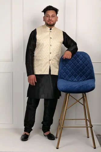 Vista 5 de Indian Ethnic Kurta Set For Men Waist Coat - Traditional Wedding Outfit - Kurta Pajama Set For Men With Nehru Jacket