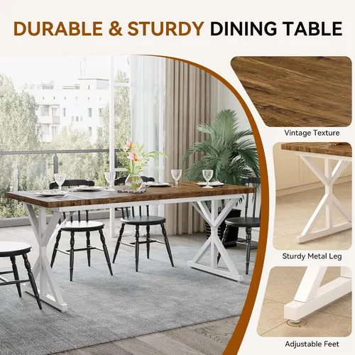 Vista 3 de Mesa de comedor de granja para 6-8 personas, mesa de comedor rectangular de madera de 70.8 pulgadas, mesa de cocina rústica con patas de metal extra