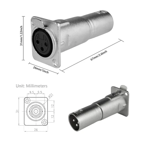 Vista 6 de Conector XLR hembra a macho de 3 pines para montaje en panel, acoplador adaptador de micrófono duradero con toma de montaje de alimentación, ideal