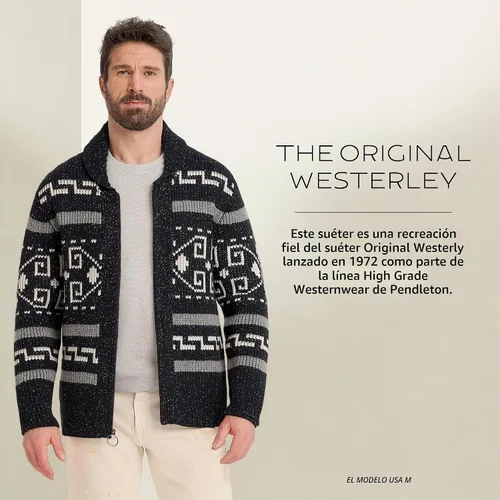 Vista 4 de Pendleton The Original Westerley, suéter de punto trenzado pesado con cremallera frontal para hombre Negro Donegal