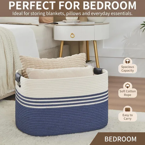 Vista 6 de DOFASAYI Cesta de lavandería grande de 72 litros con asas de cuero, cesta de almacenamiento decorativa para mantas, cesta de ropa para sala