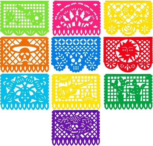 Vista 4 de Zhanmai Paquete de 5 pancartas de fiesta mexicana, juego de carteles de papel picado, 10 patrones, 80 pies, plástico, rectangular, multicolor