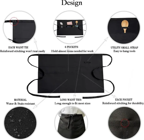 Vista 3 de Delantales de servidor negros con 6 bolsillos, delantal de cintura para camarero unisex, peluquero y limpiador