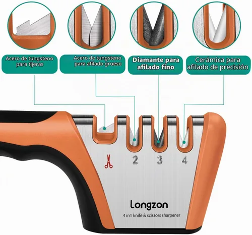 Vista 2 de Longzon Afilador de cuchillos 5 en 1 de 4 etapas con guante resistente a cortes, afila y restaura rápidamente las cuchillas sin filo, fácil y seguro