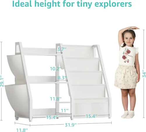 Vista 2 de Estantería para niños y almacenamiento de juguetes, organizador de juguetes con estante para libros de 3 niveles, estantería pequeña con eslinga