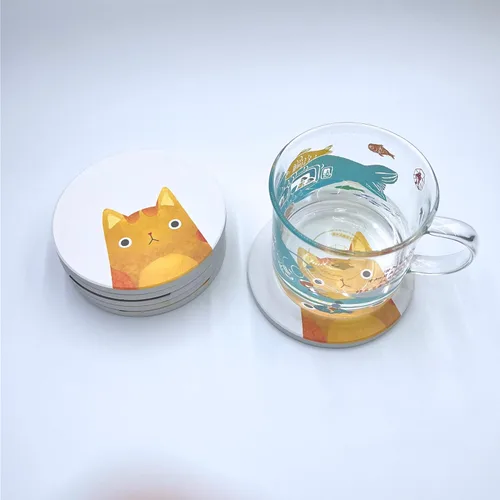 Vista 7 de Juego de 6 posavasos redondos absorbentes de piedra de cerámica lindos para bebidas de gato para tazas y tazas, mesa de café, escritorio de oficina