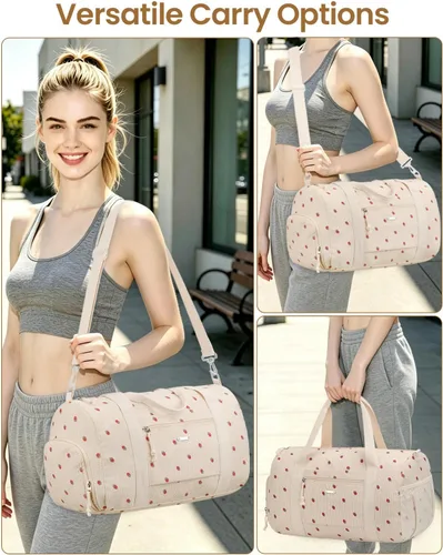 Vista 5 de Bolsa de gimnasio para mujer con compartimento para zapatos Fresa de pana beige